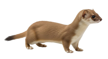 Isolated Ermine in profile looking right, standing on the ground, showcasing its fur coat