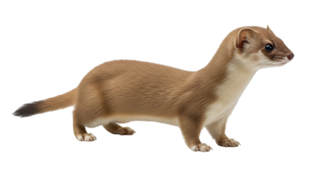 Isolated Ermine in profile looking right, standing on the ground, showcasing its fur coat