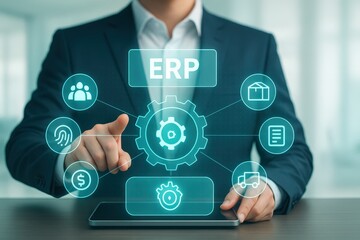 Person wearing a suit interacts with a holographic user interface on a tablet, displaying abstract icons and the text "ERP" above a central cogwheel, suggesting business management and digital...