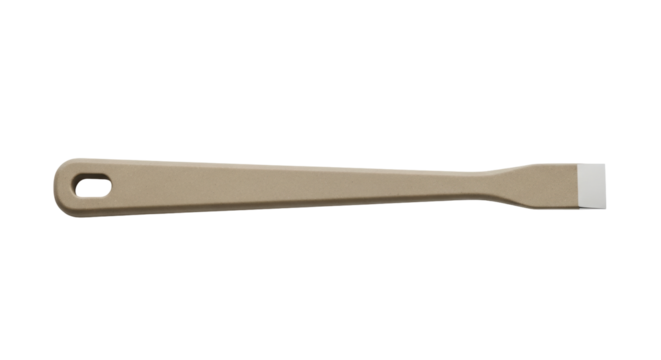 Isolated scraper with tan handle and white blade, a tool for cleaning or removing materials