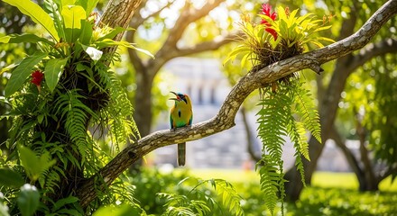 Colorful Bird in Lush Tropical Garden.