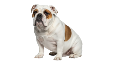 Isolated Bulldog breed canine, adult animal with wrinkles, sitting in studio indoors