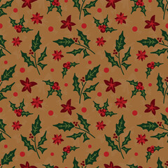 Seamless realistic drawings. Christmas plants, berries on a wallpaper background. For packaging.