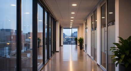 Modern Empty Office Hallway Interior with Windows and Potted Plants