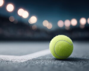 Close-Up of a Bright Green Tennis Ball on Court Surface with Blurred Lights in Background at US Open Event