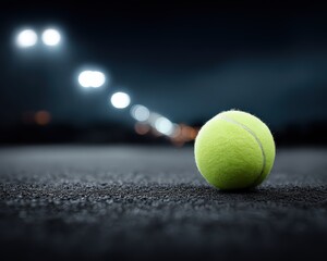 Bright Green Tennis Ball on Court Surface Under Night Lights in Outdoor Sports Environment