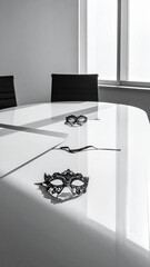 Minimalist Corporate Meeting Room with Single Venetian Lace Mask and Dramatic Shadow