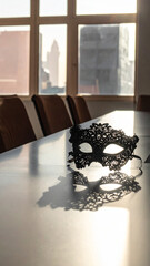 Minimalist Corporate Meeting Room with Single Venetian Lace Mask and Dramatic Shadow