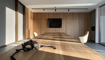 Minimalist Corporate Meeting Room with Single Venetian Lace Mask and Dramatic Shadow