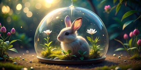 A Gentle Bunny in a Glass Terrarium, Surrounded by Delicate Blooms and Lush Greenery, Bathed in Soft Sunlight