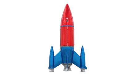 Isolated vintage rocket ship, sci-fi spacecraft launch, red and blue retro design concept