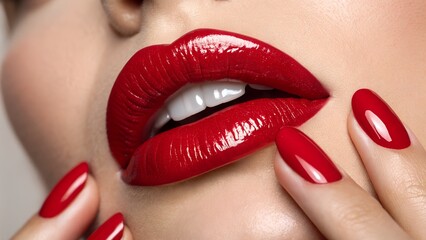 Naklejka premium Glossy Red Lips and Nails – Close-Up of Matching Lipstick and Nail Polish with Parted Lips and Visible Teeth, Conceptual, Abstract, Beauty, Fashion, Glamour, Style