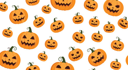 A festive pattern of carved pumpkins adorning a white background for Halloween celebrations.