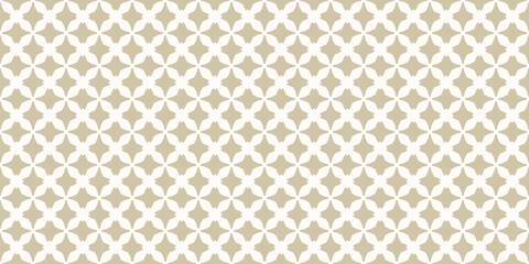 Geometric seamless pattern. Abstract vector gold and white ornament texture with cross shapes, tiles, grid, lattice. Simple elegant background with medieval motifs. Repeat luxury design for decor