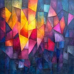 A vibrant abstract mosaic of fractured light and color, showcasing a dynamic interplay of warm and cool tones, creating a captivating visual symphony in a modern art style.