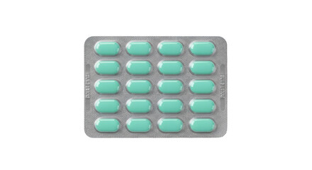 Isolated blister pack of oval pills, teal colored, in packaging, medical treatment concept