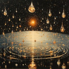 Celestial Serenity: Golden Droplets of Cosmic Light Illuminate a Mirrored Universe, Reflecting Spiritual Enlightenment and the Infinite Wisdom of the Stars.