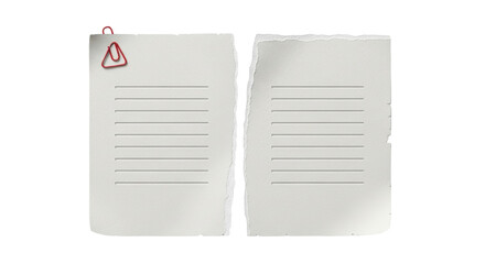 Isolated sheets of torn paper with lines and a red paperclip, on seamless background