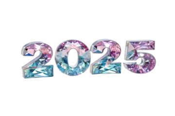The year 2025 in crystal letters isolated on transparent background