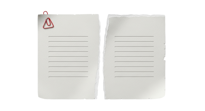 Isolated sheets of torn paper with lines and a red paperclip, on seamless background