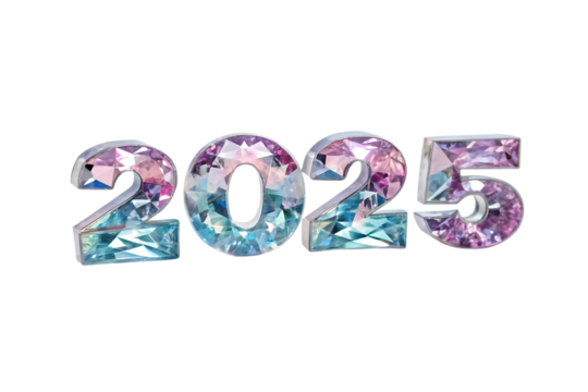 The year 2025 in crystal letters isolated on transparent background