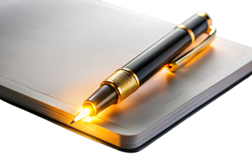 Elegant black and gold pen resting on a blank notebook isolated on transparent background