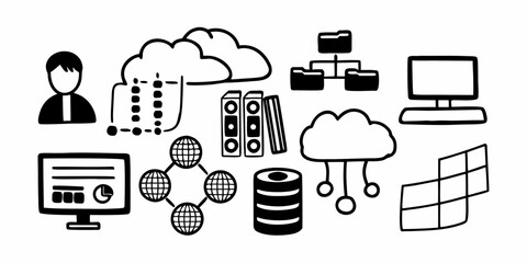 A depiction of cloud computing and networking infrastructure with various related technology icons present on transparent background