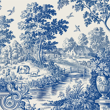 Pastoral Countryside Scene in Blue and White Toile