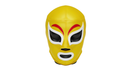 Isolated luchador mask, yellow Mexican wrestling headgear with white and red decoration, fun face