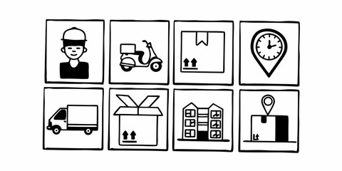 Illustration showing delivery service icons including delivery person scooter package tracking and truck building on transparent background