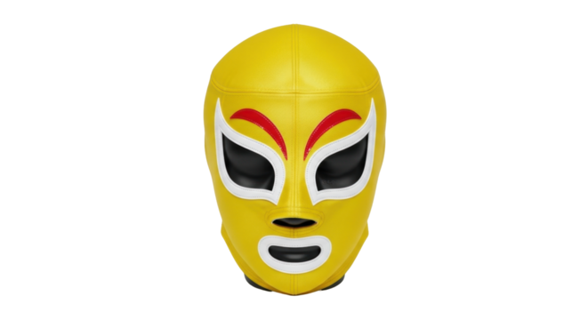 Isolated luchador mask, yellow Mexican wrestling headgear with white and red decoration, fun face