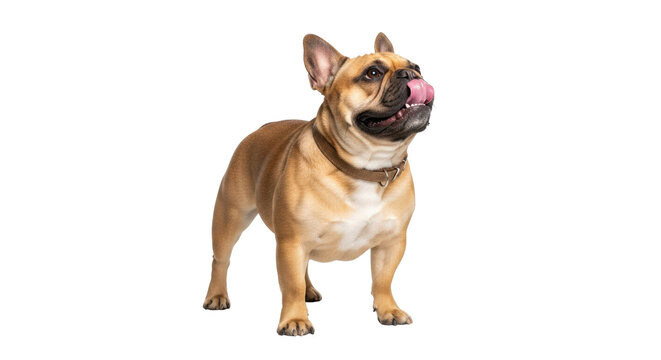 Isolated French Bulldog with tongue out stands looking up wearing a collar on studio set
