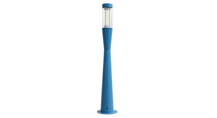 Isolated outdoor blue lamp post for public spaces, modern bollard lighting in blue finish
