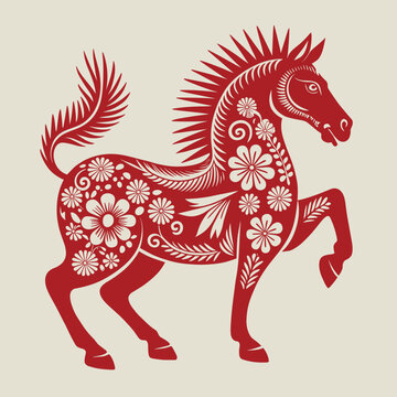 Dynamic Red Horse Paper-Cut Art with Floral Patterns