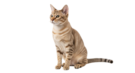 Isolated young brown tabby cat sitting attentively and looking to the side gracefully