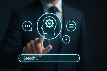 of a person in a formal suit interacting with a digital interface featuring artificial intelligence symbols, with the user's finger touching the screen, highlighting the concept of technology and...