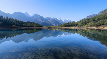 Fototapeta premium Mountain lake with clear reflection