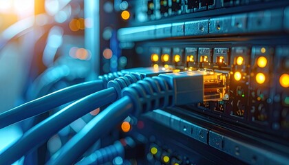 Colorful network cables plugged into server with glowing indicators—evoking connectivity, flow, and the electric choreography of data, infrastructure, and digital precision.