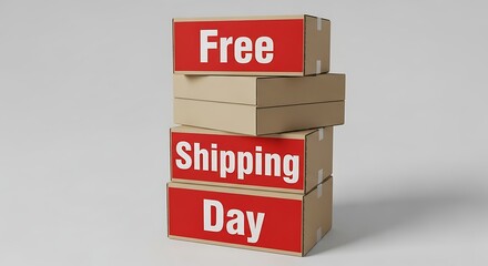 Stack of cardboard boxes with red labels reading free shipping day, suggesting a promotional event or sale