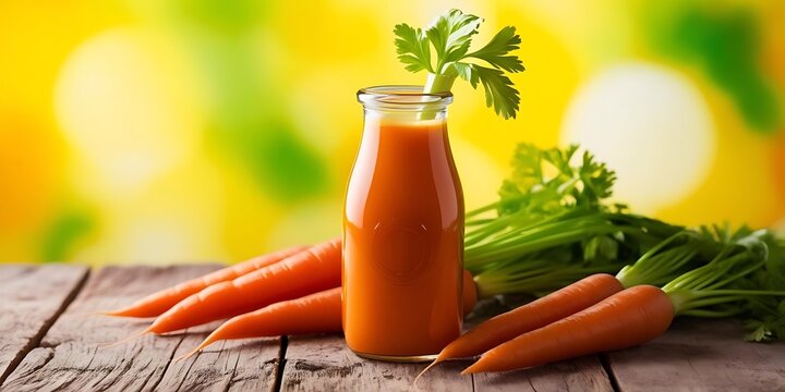 Fresh carrot juice in glass bottle with raw carrots and leaves, healthy vegetable drink photography - Powered by Adobe