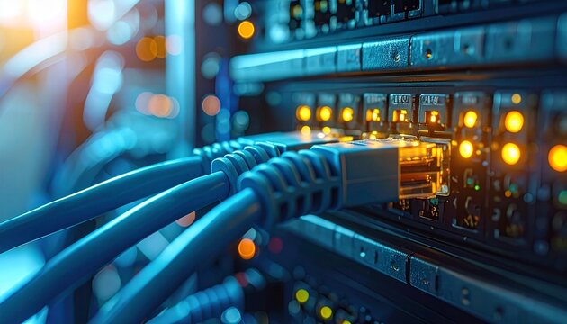 Colorful network cables plugged into server with glowing indicators—evoking connectivity, flow, and the electric choreography of data, infrastructure, and digital precision.