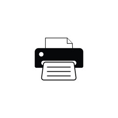Minimal black and white printer icon with paper sheet. Simple office device symbol for printing, documents, business, technology, communication, workplace graphics, and digital applications.