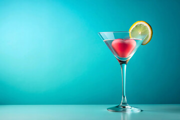 Cute Red Heart Shaped Ice in Martini Cocktail on Mint Green Background