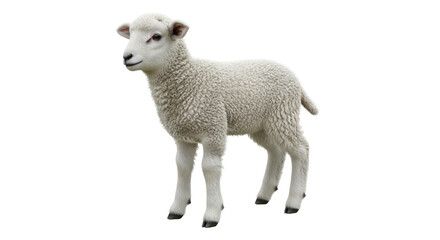 Isolated white lamb looking away, adorable livestock animal with wool fleece in studio shot