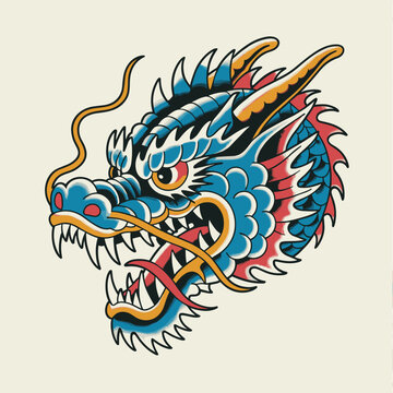 Fierce Dragon Head in Traditional Tattoo Style Illustration
