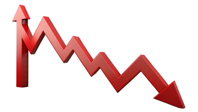 Red arrow showing downward trend isolated on transparent background