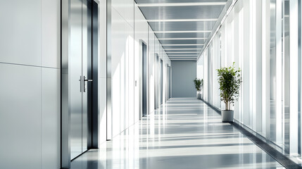 A row of gleaming white metal doors in a modern office building, generated using AI.