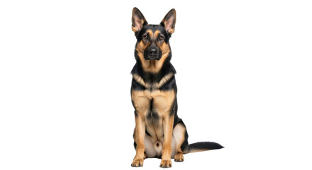Isolated German Shepherd sitting down obediently, alert, ready to work, listening well
