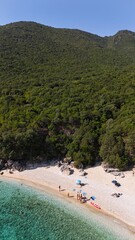 Stunning beaches, turquoise water and green islands in the Ionian Sea around Ithaka and Kefalonia, Greece