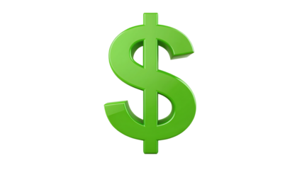 Green dollar sign symbol isolated on transparent background, representing currency